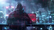 Hooded figure engages in cybercrime using a laptop in a futuristic cityscape environment with digital overlays.