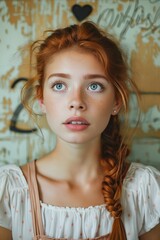 Canvas Print - A woman with red hair and blue eyes is looking at the camera. She is wearing a white shirt and has her hair in a braid