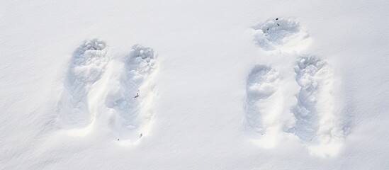 Canvas Print - Empty copy space image depicting two shoe prints on freshly fallen snow seen from a top view