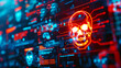 Digital cybercrime concept with glowing neon skull symbols representing malware and hacking threats.