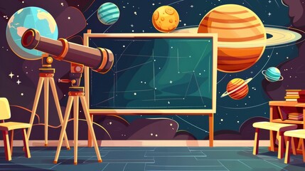 Wall Mural - This is a modern cartoon illustration of an empty school astronomy classroom with a blackboard, telescope, placard with planets of the solar system, globe, furniture and a bookcase.