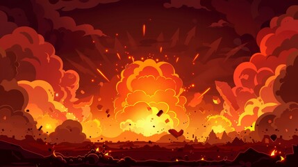 Wall Mural - Modern web banner with a fire background and red bomb explosion clouds over burned land. Red explosion clouds, Ui design with smoke, and dynamite explosions.