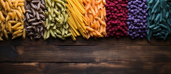 Poster - Close up top view frame photography of colorful uncooked penne pasta on a rustic wooden table creating a textured Italian food background with copy space for additional content