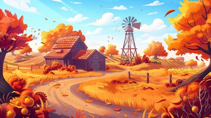 Wall Mural - Autumn farmland landscape featuring an agricultural field, a windmill, a water tower and a farm barn. Modern illustration of rural farming, including a wooden shed, a road, and orange trees.