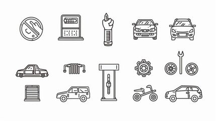 Auto on elevator, warning sign, fuel station, lubricator with oil and gears. Line art modern illustrations. Car service doodle icons.