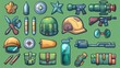 A collection of cartoon game icons, including bombs, bullets and rockets, knives, water flasks, compass and walkie-talkie, helmets and protection vests.