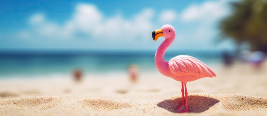 A pink flamingo toy resting on a sandy beach creating a summer vacation concept with a bright and vibrant summer background for a delightful copy space image