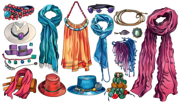 Clipart of colorful fashion accessories like scarves belts and jewelry grouped according to style Generative AI