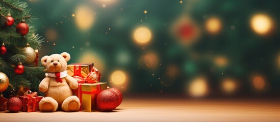 Sticker - Christmas tree and toys on a festive background with copy space image