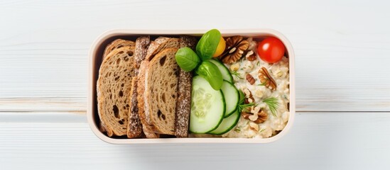 Canvas Print - Top down view of a lunch box dinner filled with a nutritious assortment of oatmeal cucumber salad nuts bread and pear on a white wooden backdrop ideal for copy space images