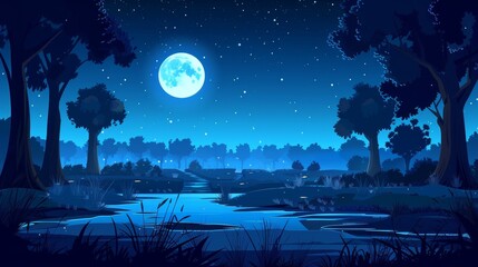 Wall Mural - Modern illustration of a night nature landscape with forest trees, roads, lakes, and fields lit up by a full moon shining in starry skies. Cartoon rural background, mysterious countryside view with