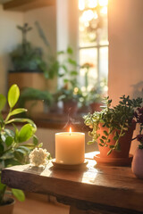 Wall Mural - A candle is lit on a wooden table next to a potted plant. The scene is peaceful and calming, with the candle providing a warm glow