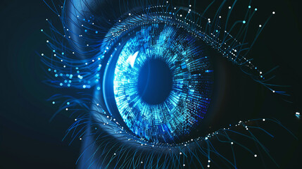 Poster - Digitalized human eye concept with highly detailed blue iris and data network connections reflecting advanced biometric technology.