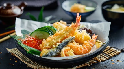 Wall Mural - A selection of tempura-fried vegetables and seafood with a light and crispy batter.