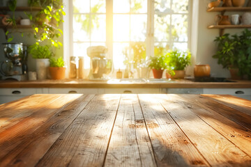 Canvas Print - A kitchen with a wooden table and a window. The table is empty and the window is letting in sunlight