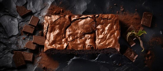 Canvas Print - Homemade organic brownies representing a food concept showcased on a black slate stone with enough space for additional content