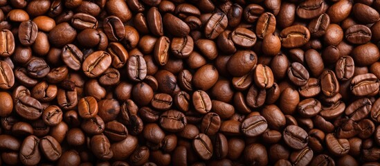 Sticker - An image featuring a background of coffee beans specifically showcasing Arabica coffee beans that have been roasted. Copy space image. Place for adding text and design