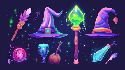 Wall Mural - Magical banner illustrating magic staff, wooden wand with green glow, sorcerer hat with pins and feathers, modern illustration of witchcraft and mystery.