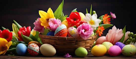 Wall Mural - Image of a basket filled with colorful Easter eggs and adorned with beautiful flowers. Copy space image. Place for adding text and design