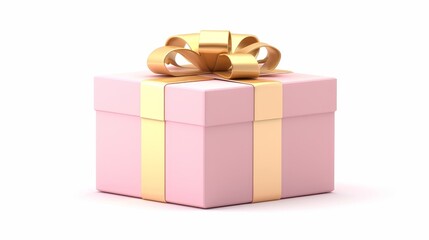 Wall Mural - A 3D render of a gift box with golden ribbon. It is an isolated sealed package with pastel glossy bow on a white background. It could be suitable for birthdays, Christmases, weddings, and other