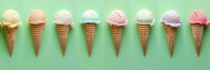 Colorful ice cream in waffle cones on green background, top view