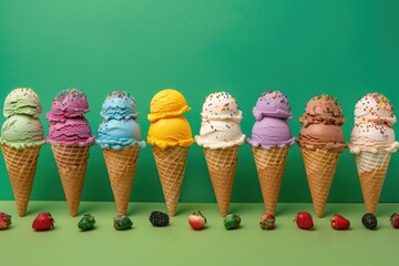 Colorful ice cream in waffle cones on green background, top view