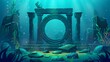 A game background with underwater ruins, with ancient architecture or artifacts from the Atlantis civilization. Cartoon modern illustration with underwater ruins.