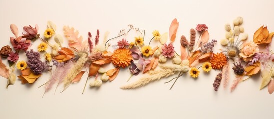 Dried flowers arranged in a frame creating a vibrant and colorful composition A top down view of the flat lay image with copy space available for text