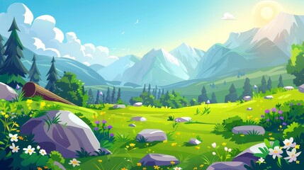 Wall Mural - Landscape with meadows, trees, bushes and flowers on horizon. Landscape with lawns, stones, logs, bushes and flowers in the summer. Modern cartoon illustration.