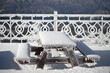Tables and chairs covered with ice and snow at Yongpyong Ski Resort, Mountain Winter South in Korea.