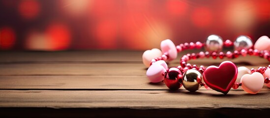 Sticker - Valentine s Day trinkets including beads and a heart are arranged on a wooden table with a copy space image available for customization