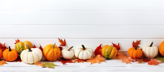 Wall Mural - An autumn themed copy space image with vibrant pumpkins and maple leaves on a white wooden background evoking feelings of harvest and holiday festivities like Halloween or Thanksgiving