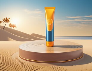 Wall Mural - Beachside Beauty: 3D Sunscreen Tube Ad for Radiant Skin