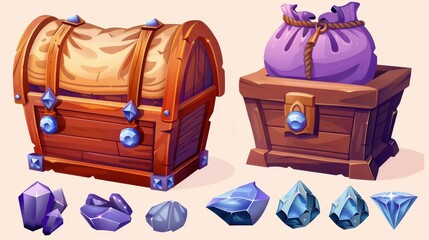 Wall Mural - Treasure chest and bag with gem stones game icons. Wooden trunk or sack with blue crystals. Level reward, pirate loot, fantasy assets, GUI elements, Cartoon modern illustration, set.