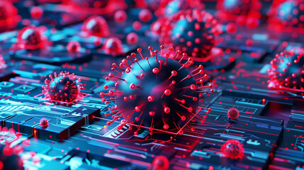 Poster - Virus-like particles simulated on a circuit board highlighting cybersecurity threats.