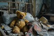 Worn teddy bear sits among the ruins of a decayed and deserted interior, evoking nostalgia and desolation