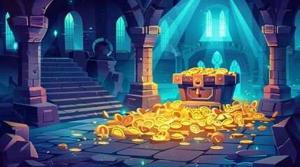 Wall Mural - A medieval palace interior with treasury, a treasure chest, gold money piles, jewelry, and gems. Modern cartoon illustration. Fantasy game background.