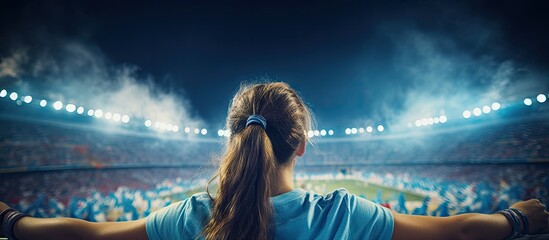 From a high vantage point in the stadium a girl wearing a light blue t shirt passionately supports her favorite team observing the soccer game with room for text. Copy space image