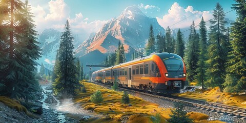 modern train driving on railroad tracks between coniferous trees and mountains under sky during summer day