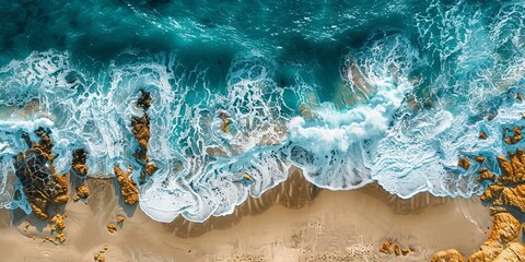 Wall Mural - Topdown aerial view of turquoise waves offset by the colourful rocks