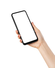 Sticker - Hand holding smartphone with mockup of blank screen, isolated on white background.