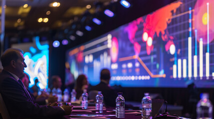 Capture the dynamic atmosphere of a B2B conference with vibrant displays.