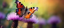 A Vibrant Peacock Butterfly Rests On A Purple Thistle Flower In A Colorful Meadow Its Open Wings Display Hues Of Red Violet Black And Yellow Against A Sunny Backdrop Of Nature The Green Background Ad
