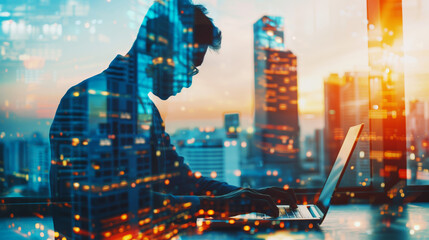 Wall Mural - Silhouette of a focused cybersecurity expert coding on a laptop overlaid with a cityscape at sunset