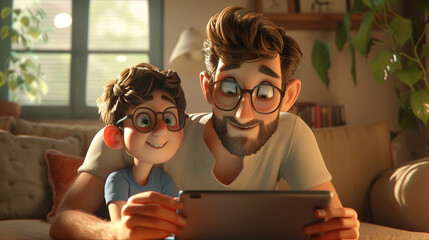 A father is teaching his child about how to use gadgets, cartoon animation.