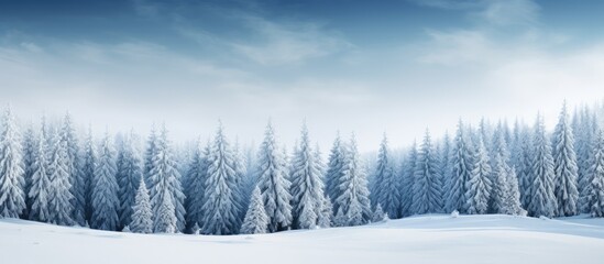 Wall Mural - A winter landscape of a forest with evergreen pine trees covered in snow providing a picturesque view with ample copy space for an image