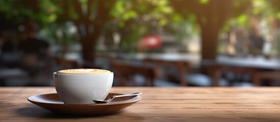 Wall Mural - The image features a wood table with no objects on it set against a blurry background of a coffee shop with bokeh effects. Copy space image. Place for adding text and design