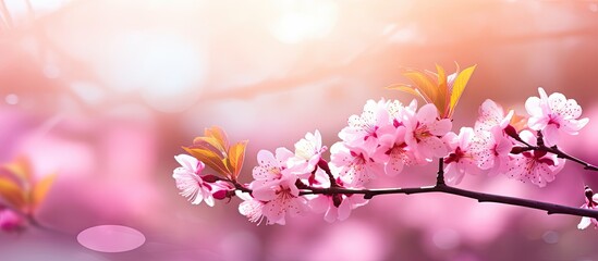 Sticker - A stunning nature scene with vibrant pink sakura flowers and a green blurry background captured on a sunny Easter day Copy space image