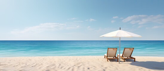 Poster - A serene beach scene showing two sunbeds facing the ocean with a generous amount of empty space for a copy. Copy space image. Place for adding text and design