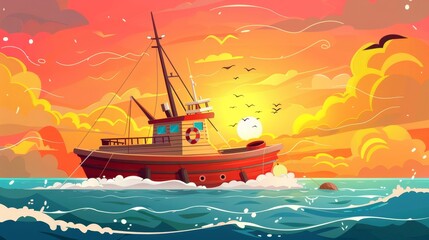 Wall Mural - A trawler boat in a sea of orange sunset with a lifebuoy in ocean water. Cartoon modern illustration of a commercial fishery ship.